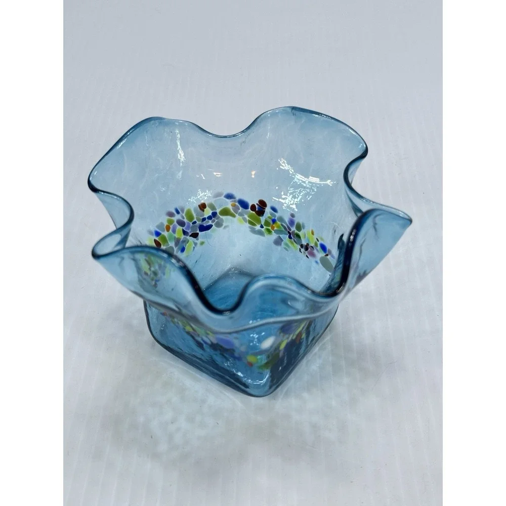 Slow Burn Glass Signed Dated 2022 Hand Blown Blue Multi Color Fluted Vase 3.5